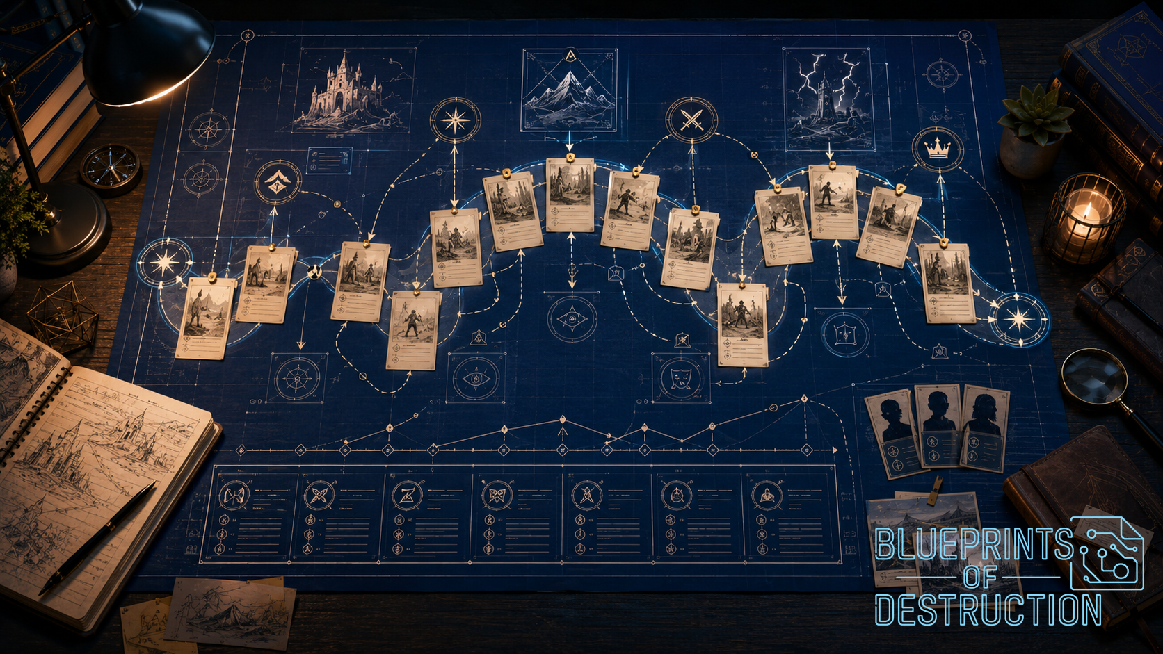A blueprint-style map shows timelines, character charts, and environmental concepts. A blueprint-style map shows timelines, character charts, and environmental concepts.