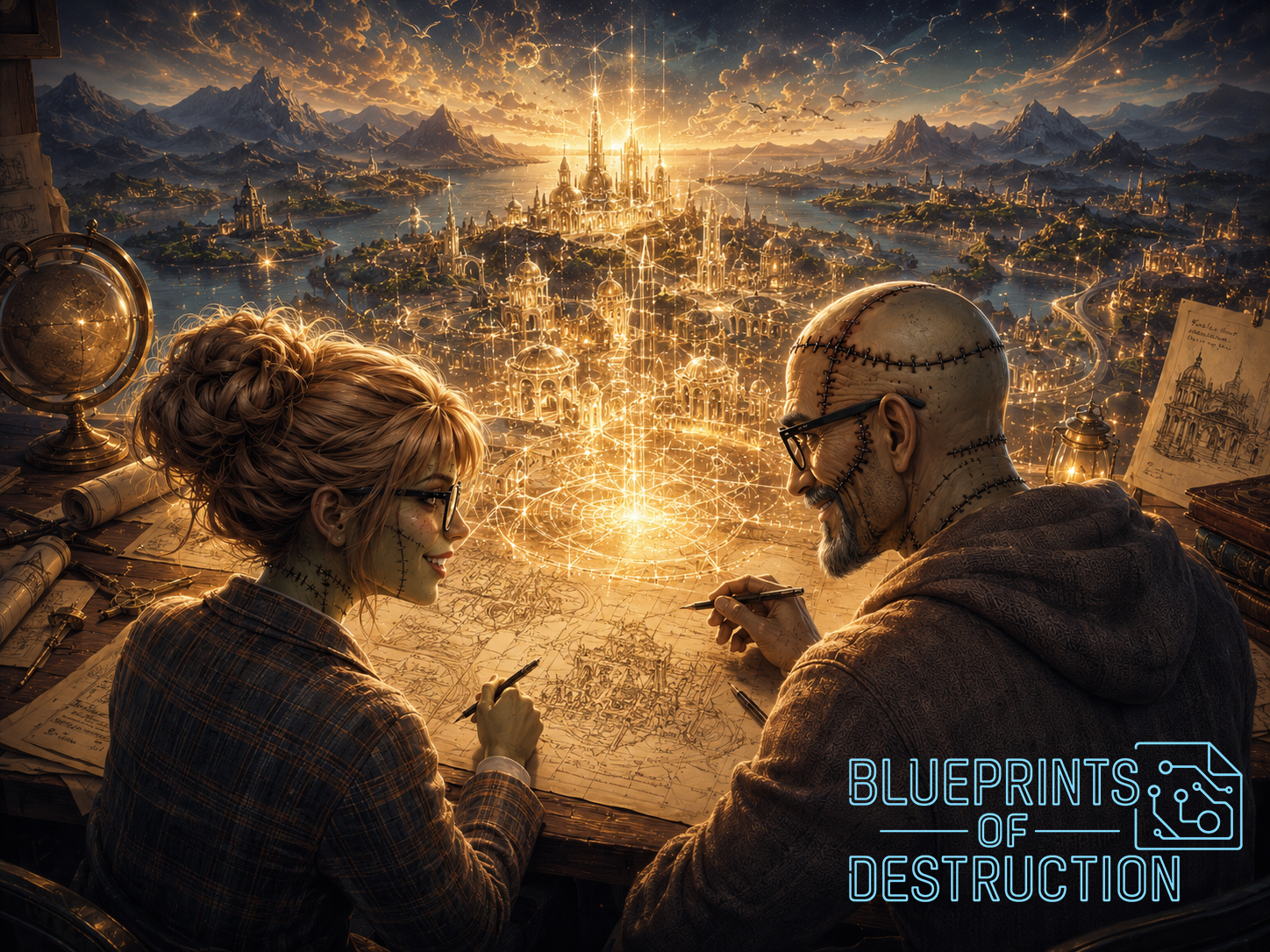 PhranqenLu sit together hunched over a map, a shimmery holographic world spreads into a beautiful world and environment. PhranqenLu sit together hunched over a map, a shimmery holographic world spreads into a beautiful world and environment.