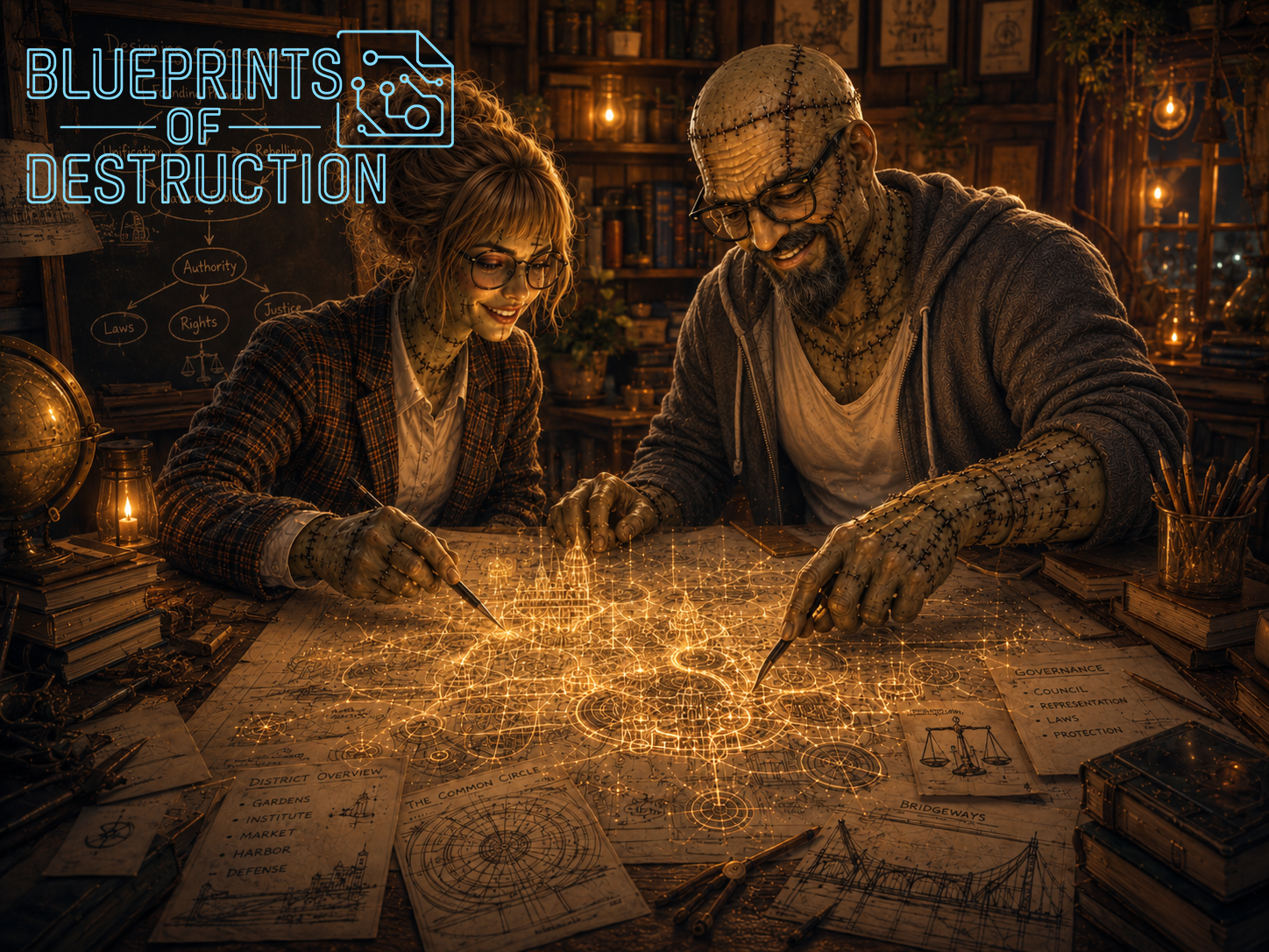 A warm image of PhranqenLu worldbuilding in a cozy office together. A paper and holographic map sits on the table in front of them surrounded by books and writing utensils. A warm image of PhranqenLu worldbuilding in a cozy office together. A paper and holographic map sits on the table in front of them surrounded by books and writing utensils.