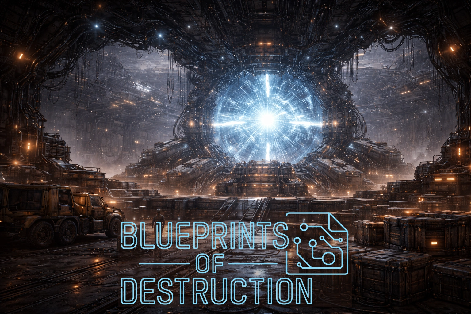 A Flicker portal from the world of Blueprints of Destruction sits in the center of a large room. Machinery surrounds it. 