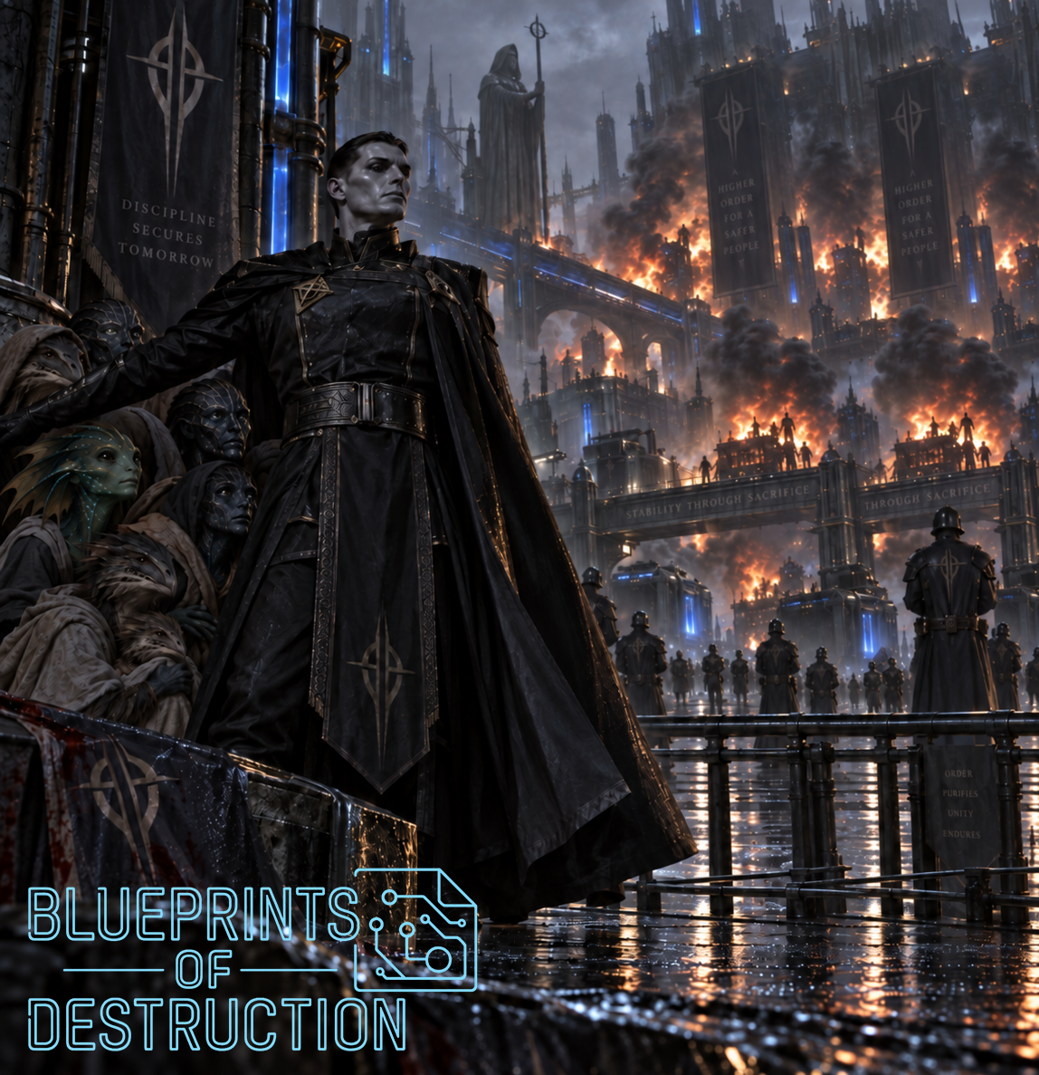 A dark authoritarian figure stands protectively before frightened Qualxian civilians as a burning city rises behind him. A dark authoritarian figure stands protectively before frightened Qualxian civilians as a burning city rises behind him.