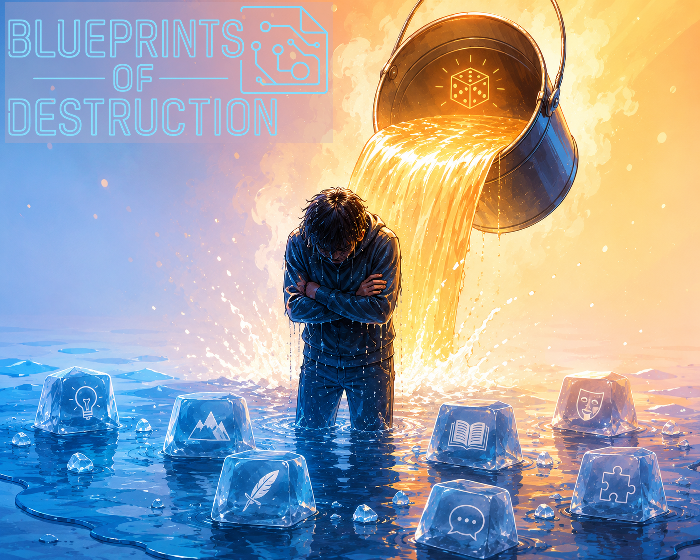 Ice cubes represent different elements of storytelling sit in a small puddle of water, the warmth of randomization crashes down as hot water. Ice cubes represent different elements of storytelling sit in a small puddle of water, the warmth of randomization crashes down as hot water.