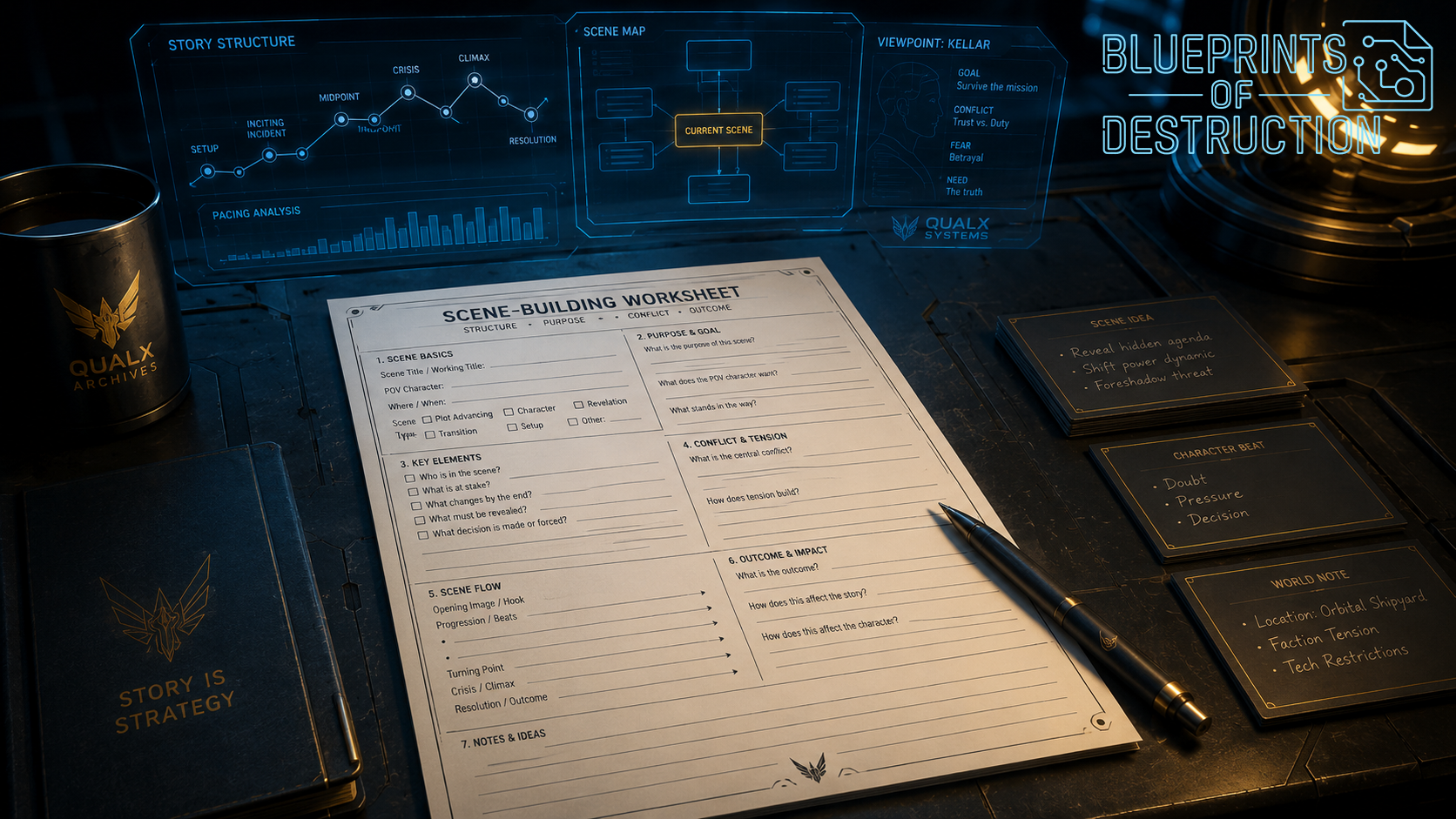 A sci-fi scene-building workspace shows a printed worksheet, a pen, stacked, planning cards, and glowing holographic story panels on a dark futuristic desk. A sci-fi scene-building workspace shows a printed worksheet, a pen, stacked, planning cards, and glowing holographic story panels on a dark futuristic desk.
