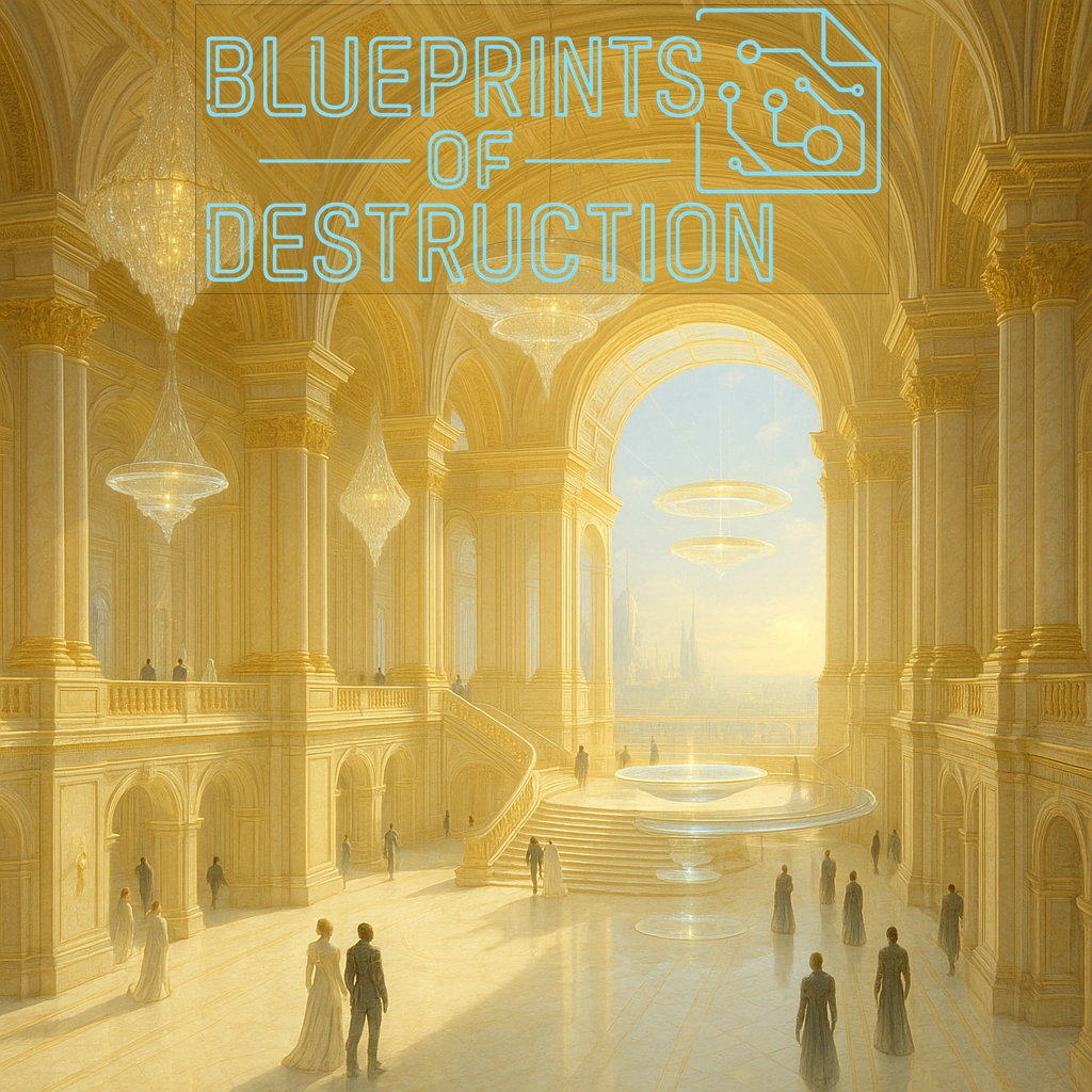 A sprawling, golden hued- building with beings milling around in it