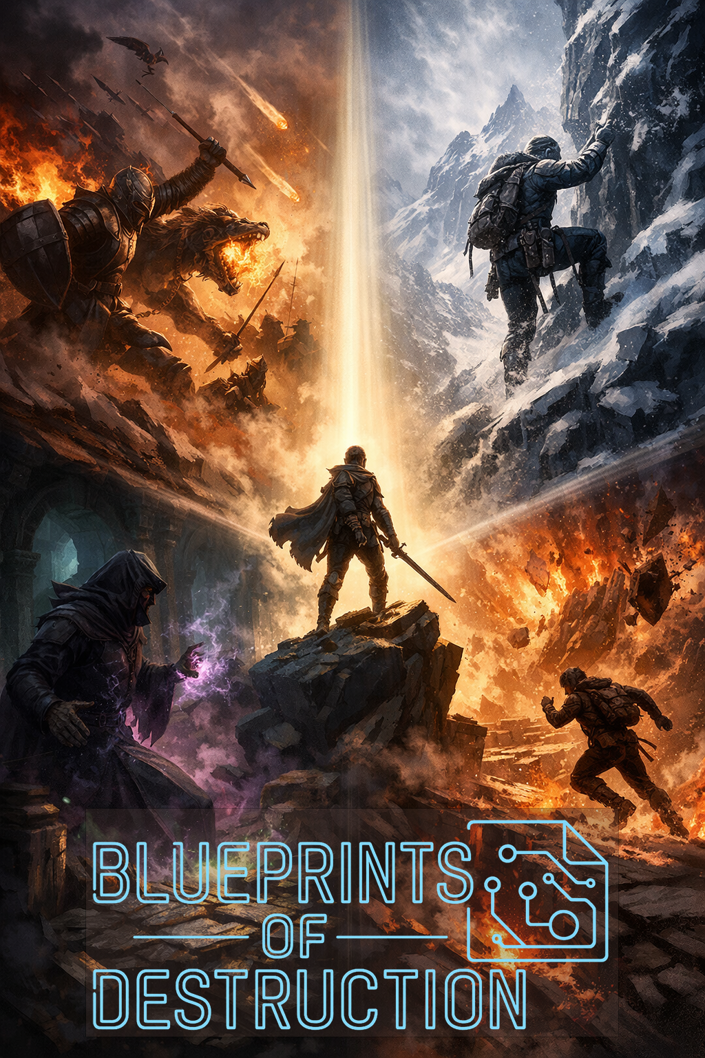 A character stands at the center of possible environments to fight through.