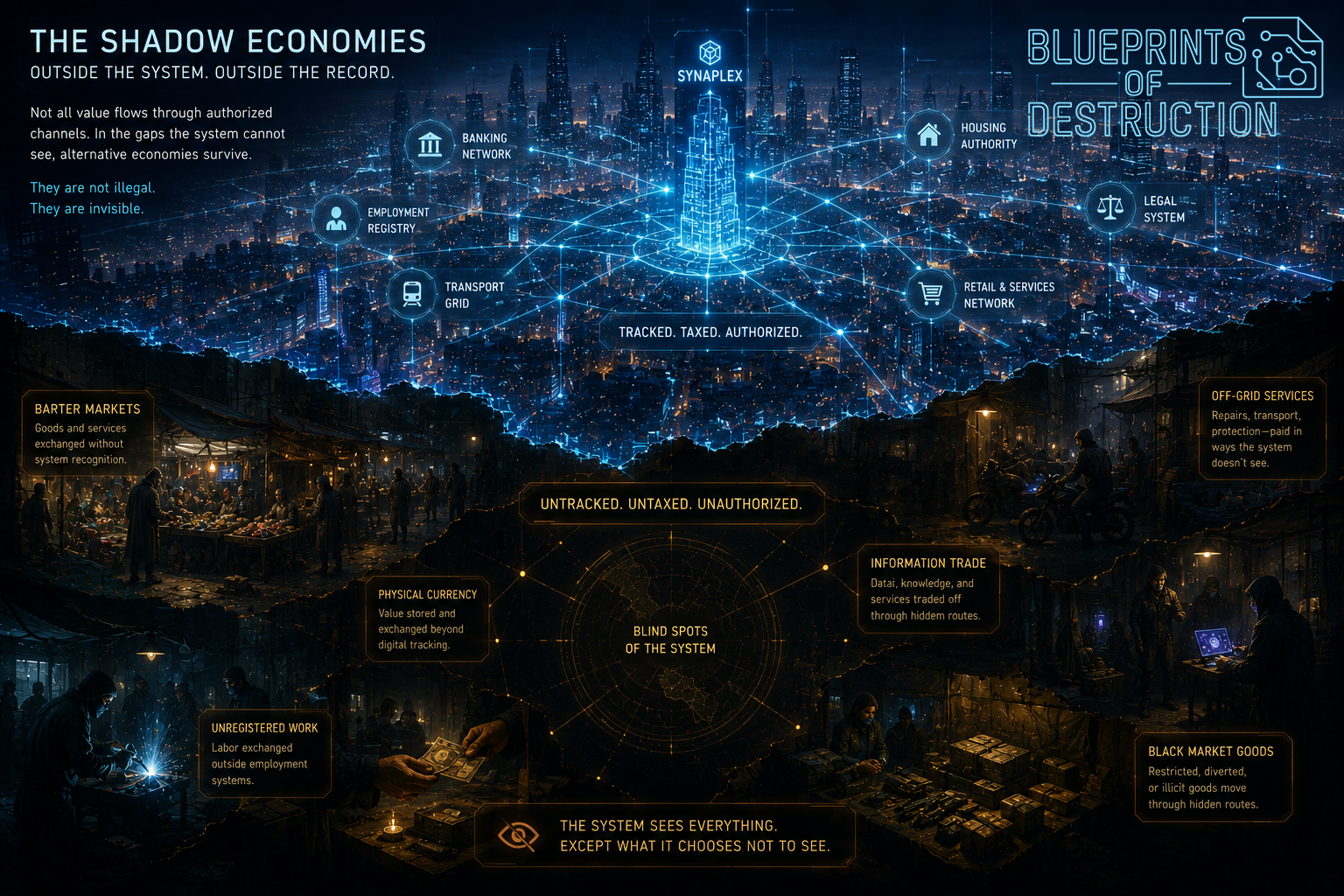 An image showing how shadow economies and accepted economies bleed into each other. An image showing how shadow economies and accepted economies bleed into each other.