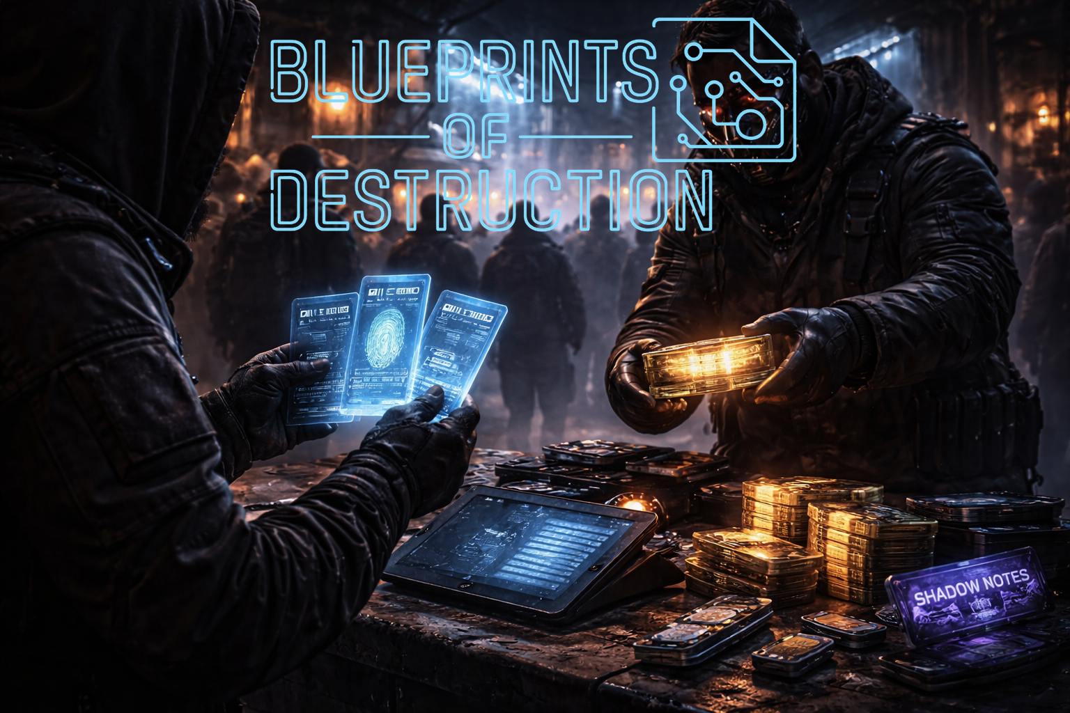 Two beings bater for ill- gotten Life Rights. The chips glow blue and gold, contrasting sharply against the dark figures. Two beings bater for ill- gotten Life Rights. The chips glow blue and gold, contrasting sharply against the dark figures.