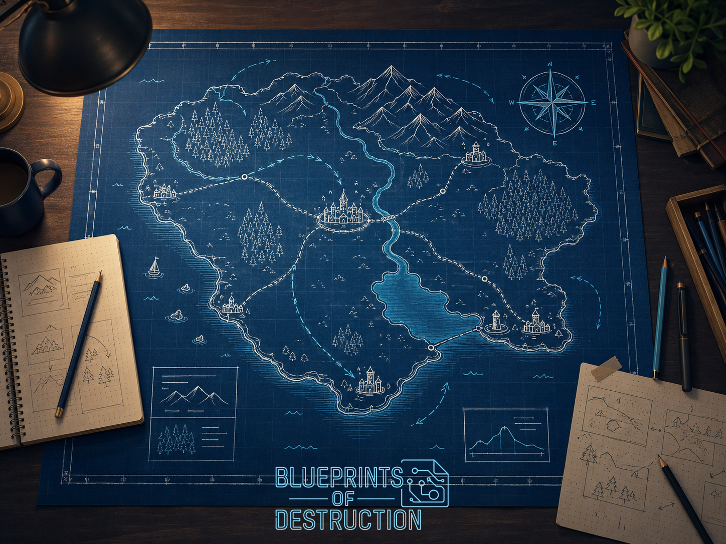 A simple setting map, showing a basic cartographic map, with pencils and scraps of paper. A simple setting map, showing a basic cartographic map, with pencils and scraps of paper.