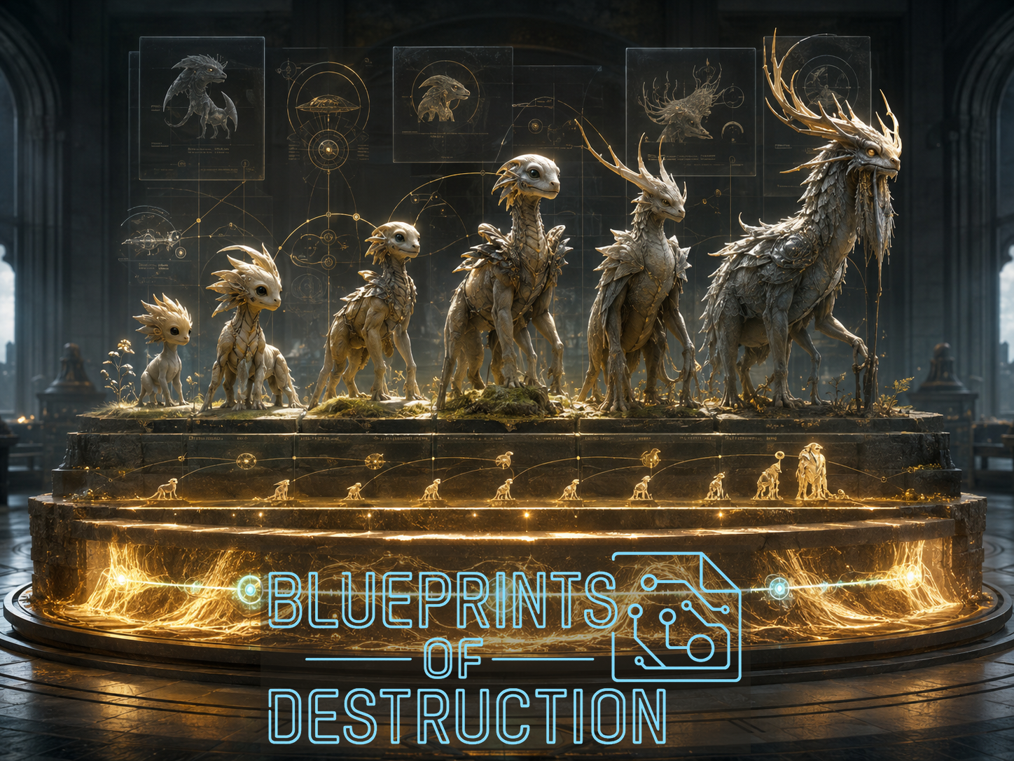 A species, shown through six different stages of life showcased on a pedestal A species, shown through six different stages of life showcased on a pedestal