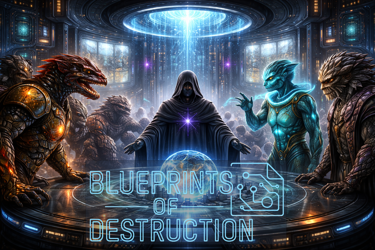 A mediator stands at the center of a round table, species in conflict are surrounding. 