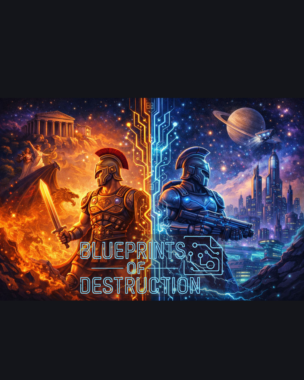 An image showing the same soldier in roman-era armor in and ancient setting and in a sci-fi setting.