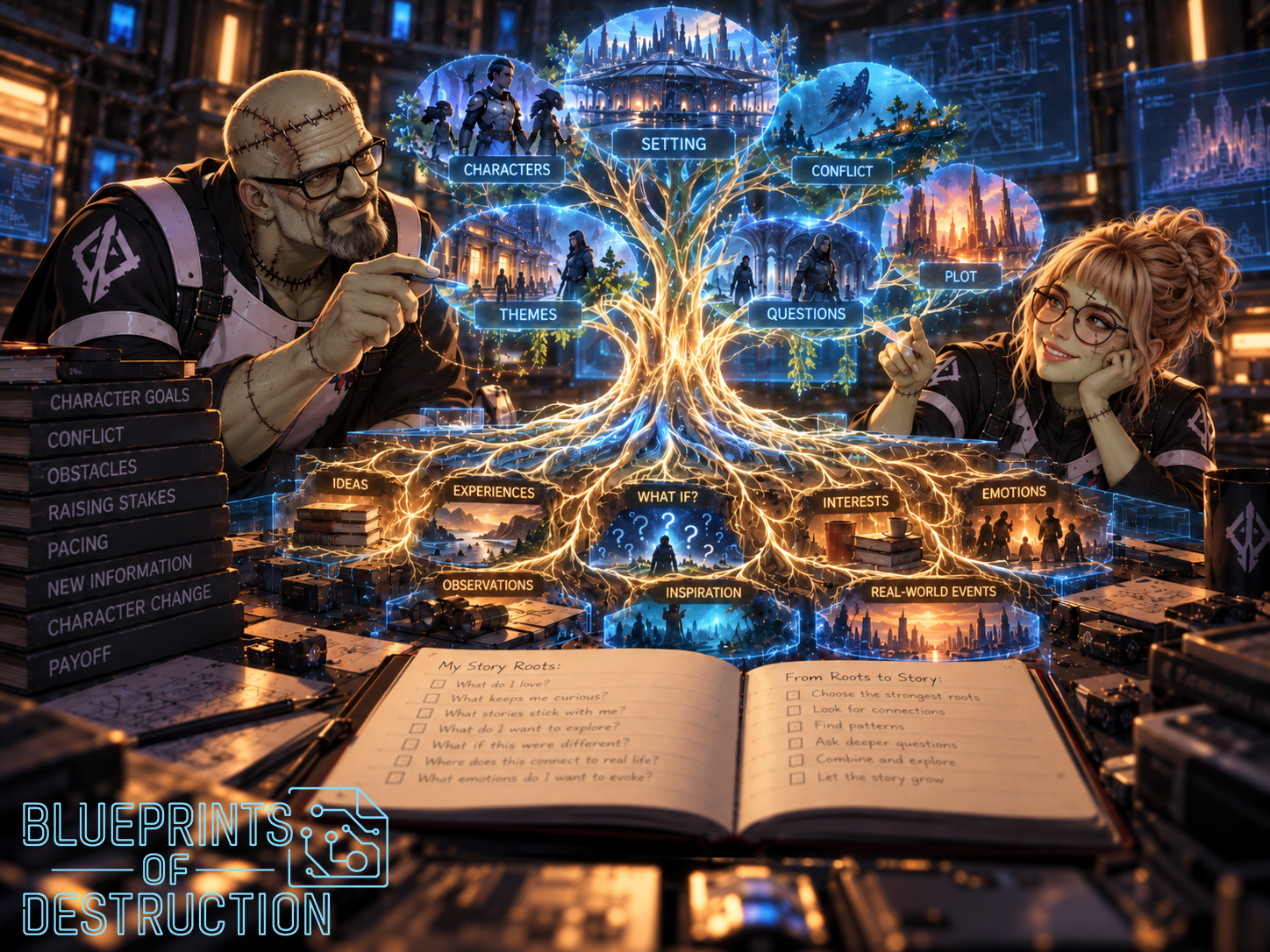 Frankenstein and Frankendaughter study a glowing story tree whose roots feed characters, setting, conflict, plot, questions, and themes, symbolizing how deeper story roots create stronger writing. Frankenstein and Frankendaughter study a glowing story tree whose roots feed characters, setting, conflict, plot, questions, and themes, symbolizing how deeper story roots create stronger writing.