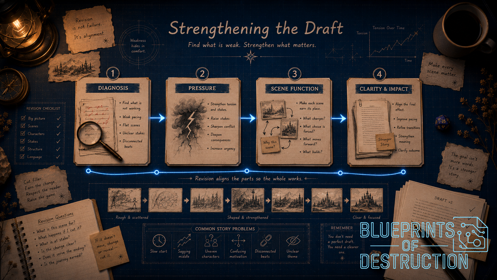 An image that helps show how diagnosis, pressure, scene function, and revisions each help a story work. An image that helps show how diagnosis, pressure, scene function, and revisions each help a story work.