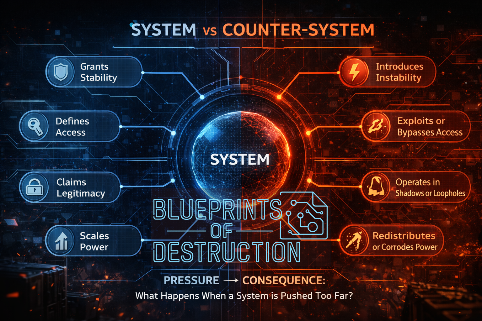 An infographic showing how to create a world throug the difference between systems and counter systems. 