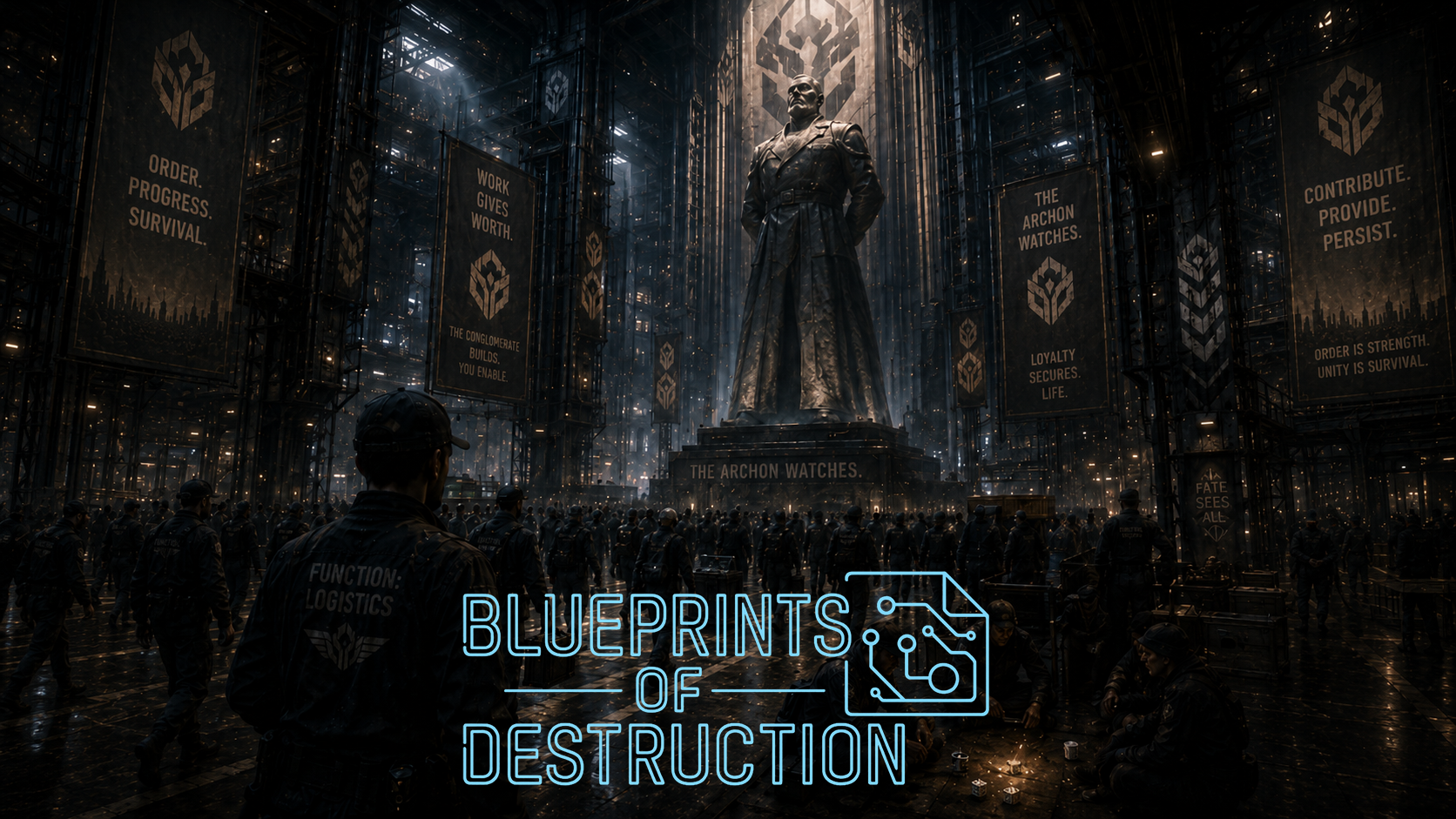 The statue of an imposing figure looms above a large crowd. Propaganda posters hang above them. The statue of an imposing figure looms above a large crowd. Propaganda posters hang above them.