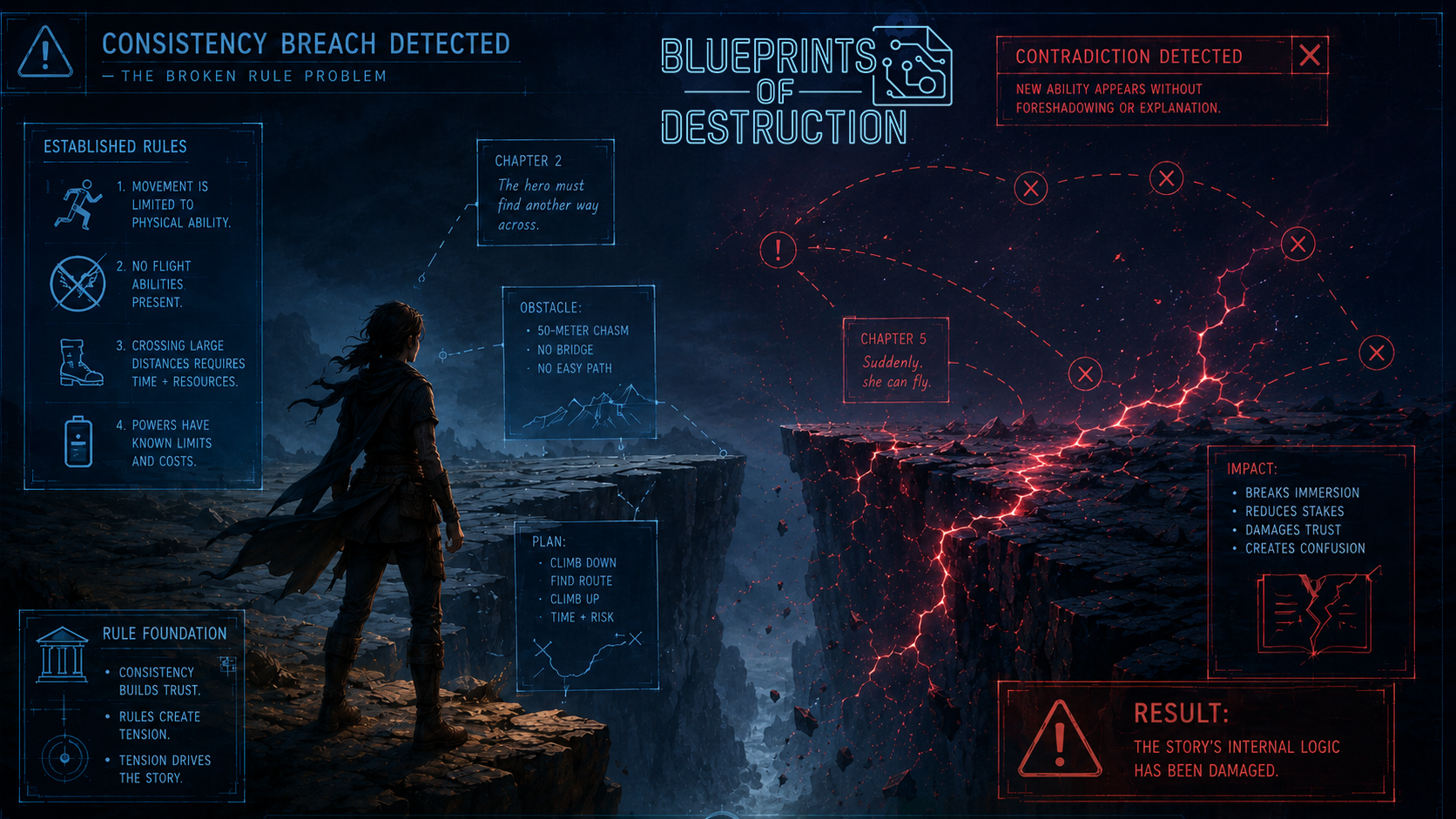 A character stands before a chasm, one side showing a continuous storyline, the other side contrasting what the story might look like with contradictions. A character stands before a chasm, one side showing a continuous storyline, the other side contrasting what the story might look like with contradictions.