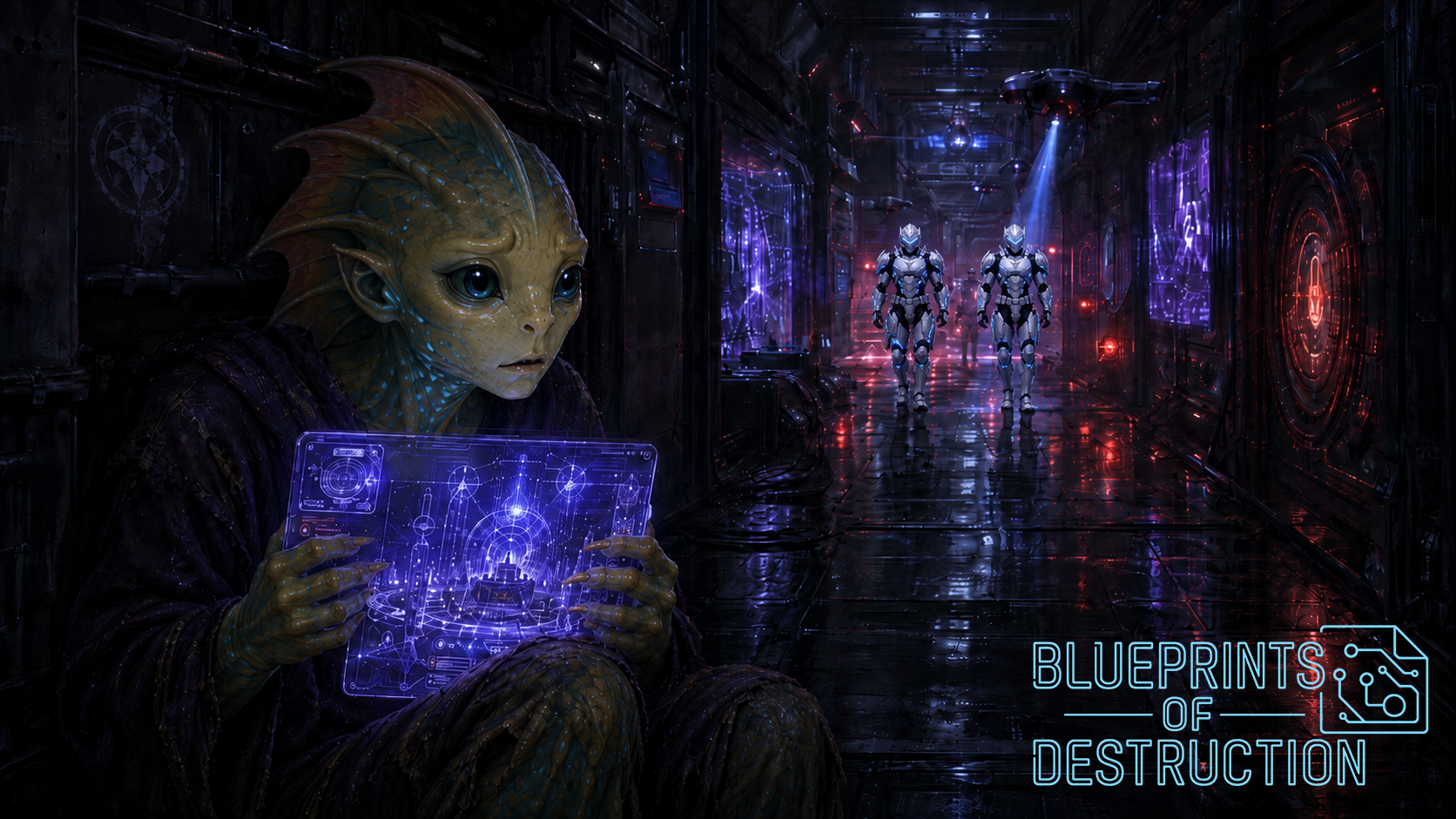 A young fasanib child hold a synaplex slate close to their chest, as two Guildsmen walk down a corridor toward the young child. A young fasanib child hold a synaplex slate close to their chest, as two Guildsmen walk down a corridor toward the young child.