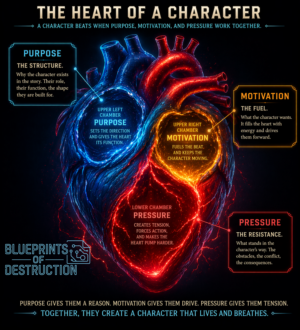 A stylized heart with different chambers representing different aspects of character.