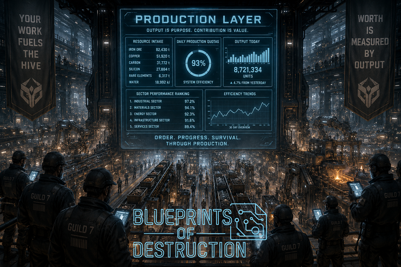 A digital readout hangs above a large factory where machines and people mill around. Overseers stand at the forefront of the image. A digital readout hangs above a large factory where machines and people mill around. Overseers stand at the forefront of the image.
