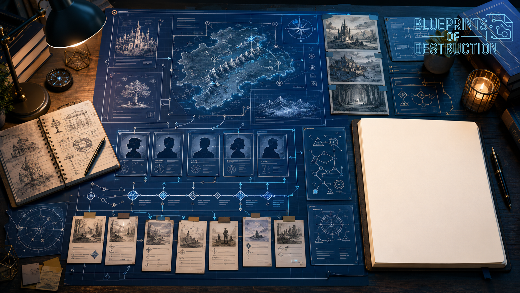 A large blueprint sprawled across a table, with a pad of paper, a notebook, and different character and landscape cards on it. A large blueprint sprawled across a table, with a pad of paper, a notebook, and different character and landscape cards on it.
