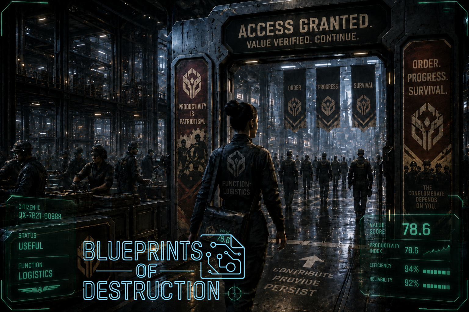 A woman walks towards a gate with propaganda signs on it, behind the gate a large factory with individuals working and milling around. A woman walks towards a gate with propaganda signs on it, behind the gate a large factory with individuals working and milling around.