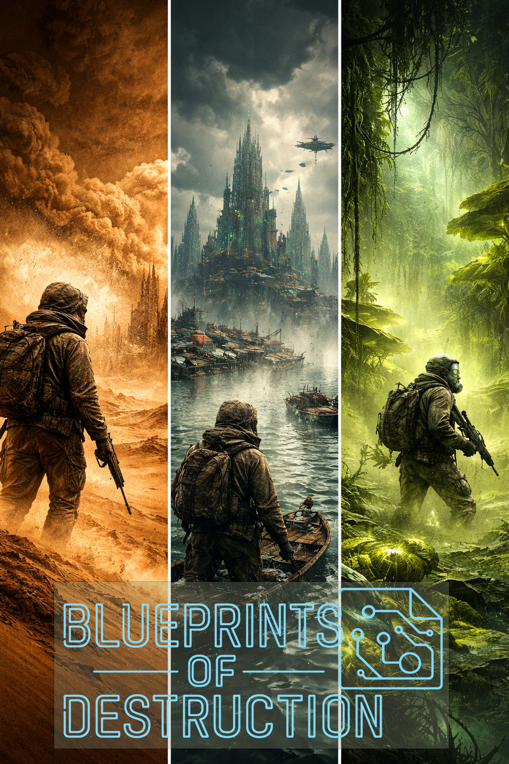 An image depicting three harsh environments: a toxic desert, a flooded cityscape, and a poisonous forest. 