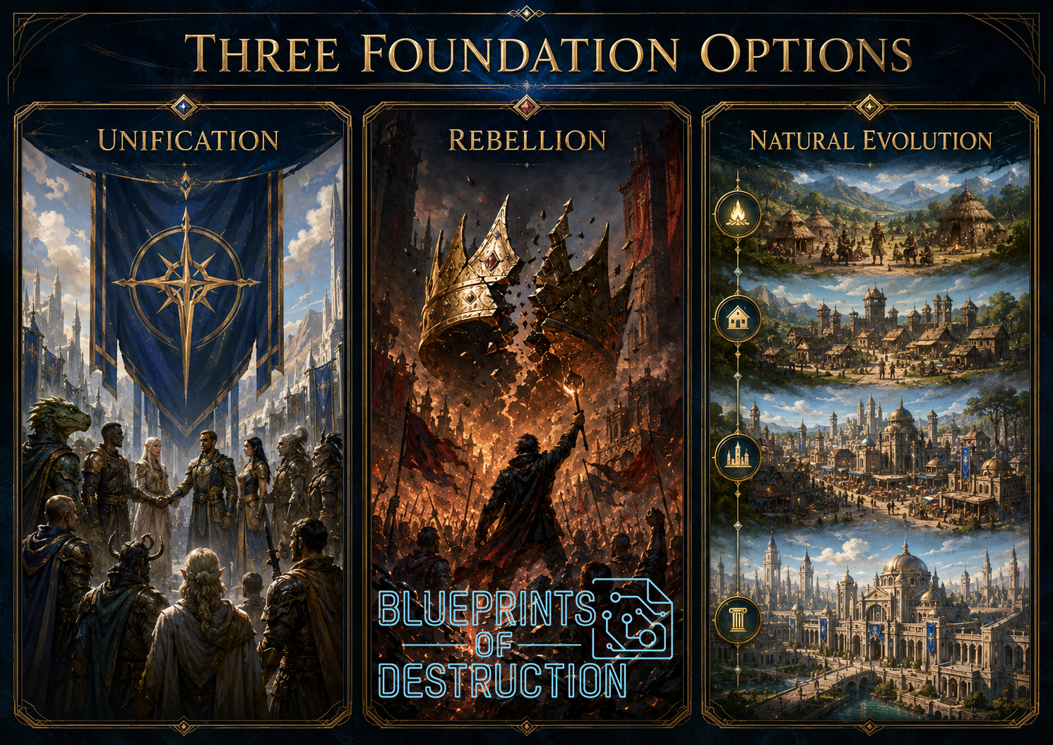 Three separate panels show each version of a foundational option for the formation of a government. Three separate panels show each version of a foundational option for the formation of a government.