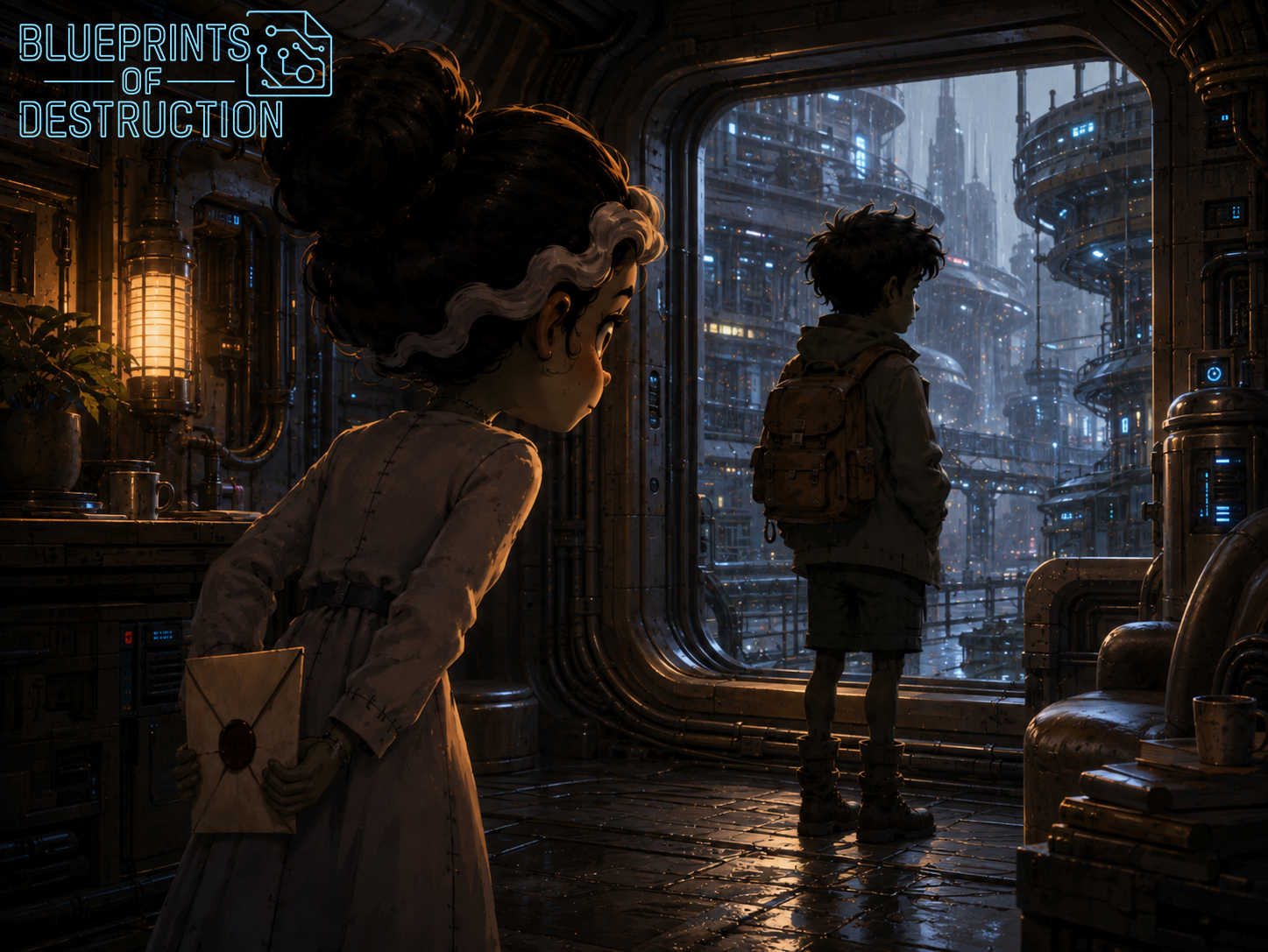 A stylized Frankendaughter character secretly hides a sealed letter while a young figure looks out over a rainy futuristic Qualx city, showing a small conflict with big story promise. A stylized Frankendaughter character secretly hides a sealed letter while a young figure looks out over a rainy futuristic Qualx city, showing a small conflict with big story promise.