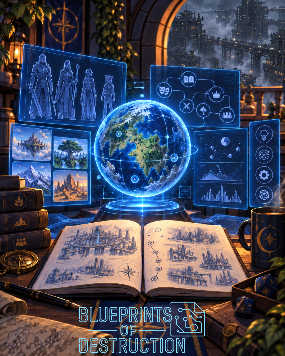 An image showing different aspects of worldbuilding, from character development, to systems, to settings.