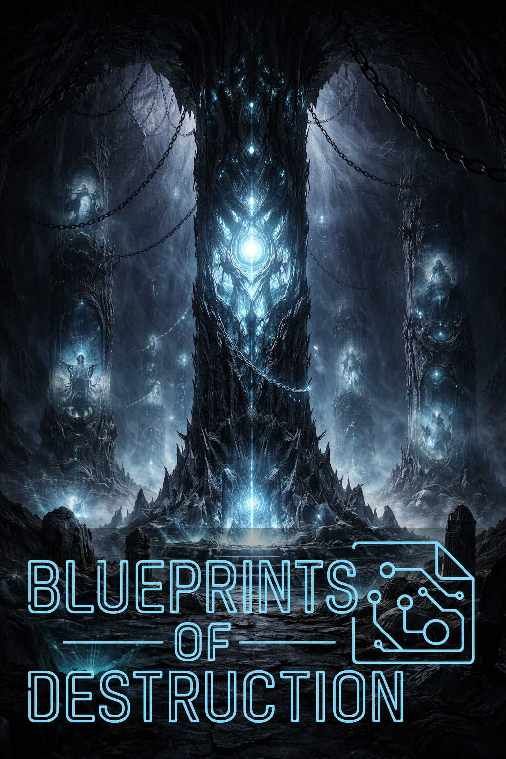 A dim cavern, with large pillars throughout it, lit only through the blue light emanating from the pillars themselves.