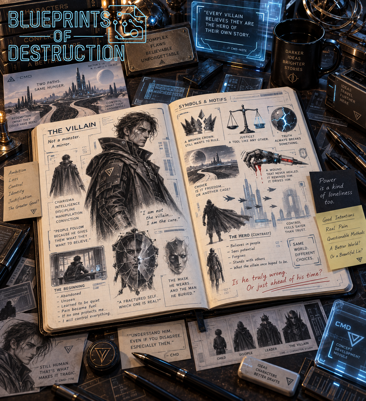 An open notebook on a sci-fi writing desk shows sketches, notes, and symbols used to develop a complex villain character. An open notebook on a sci-fi writing desk shows sketches, notes, and symbols used to develop a complex villain character.