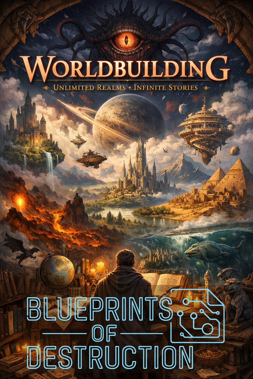 a man sits in front of a console, planets and creatures in front of him