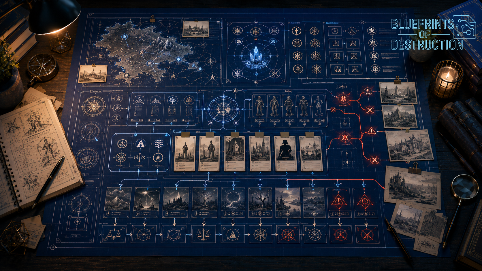 An intricate blueprint showing cards as they connect to each other, including some undesirable outcomes An intricate blueprint showing cards as they connect to each other, including some undesirable outcomes