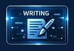 an icon that reads "writing" with iconography of paper and a pen.