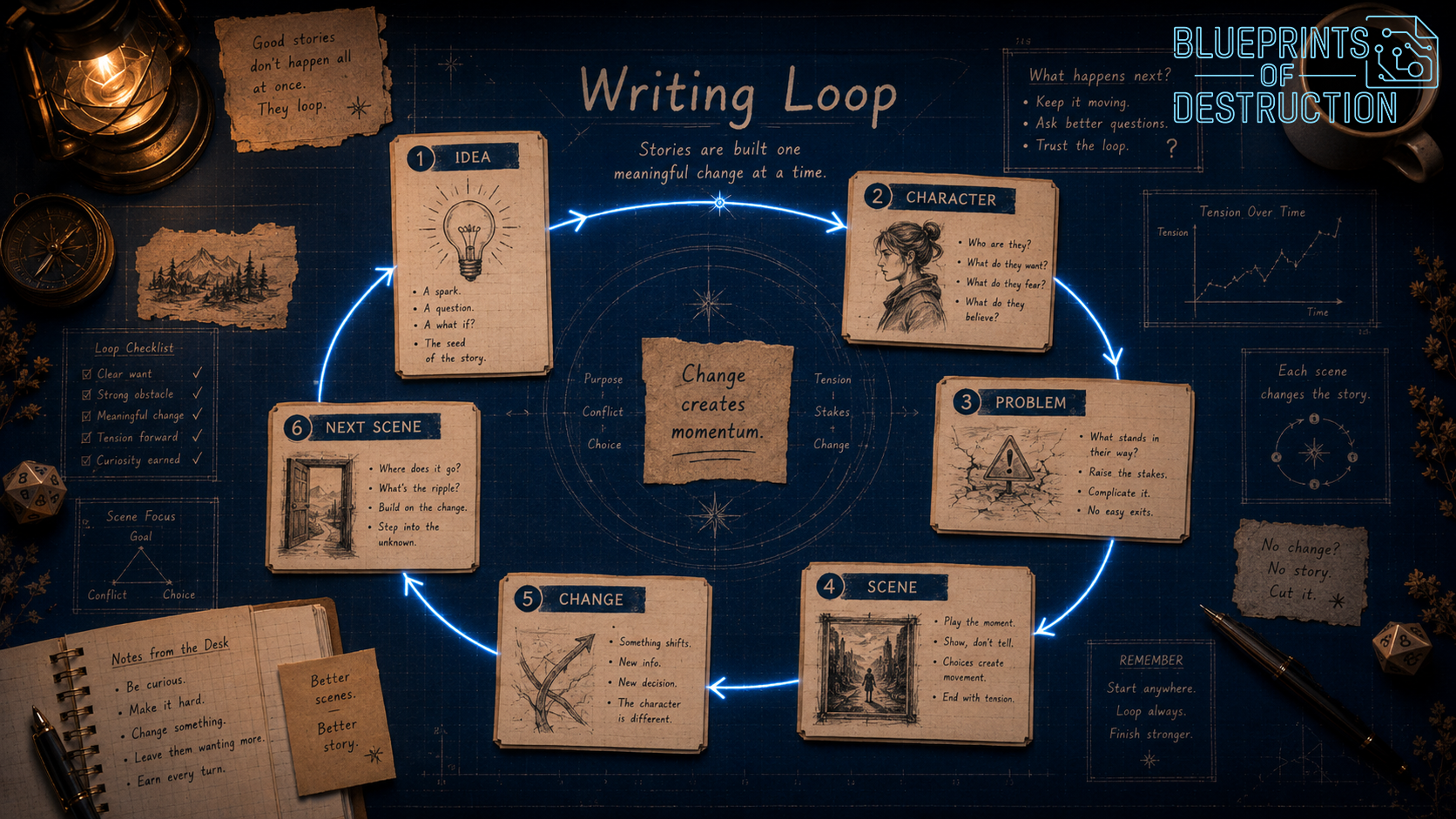 An image showing how a writing loop shows how an idea, a character, and a problem form a scene, which can then form a story when writing from idea to draft. An image showing how a writing loop shows how an idea, a character, and a problem form a scene, which can then form a story when writing from idea to draft.