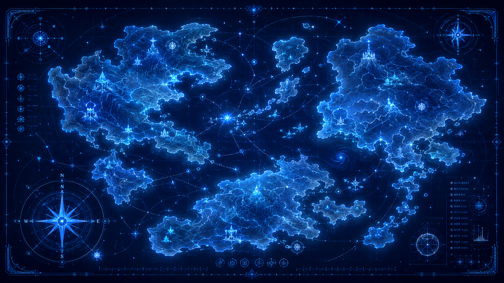 A blue holographic sci-fi fantasy cartographic map.